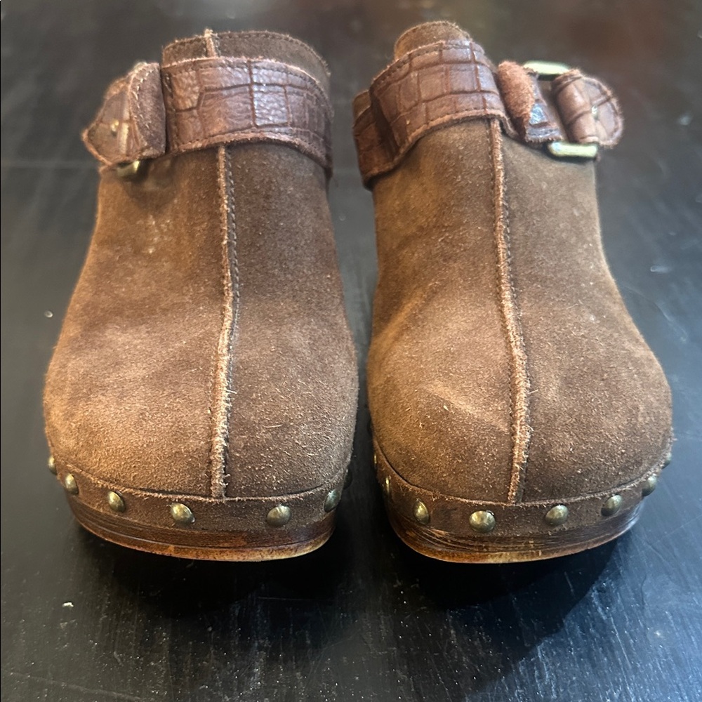 Via Spiga Chocolate Suede Mules with Buckle